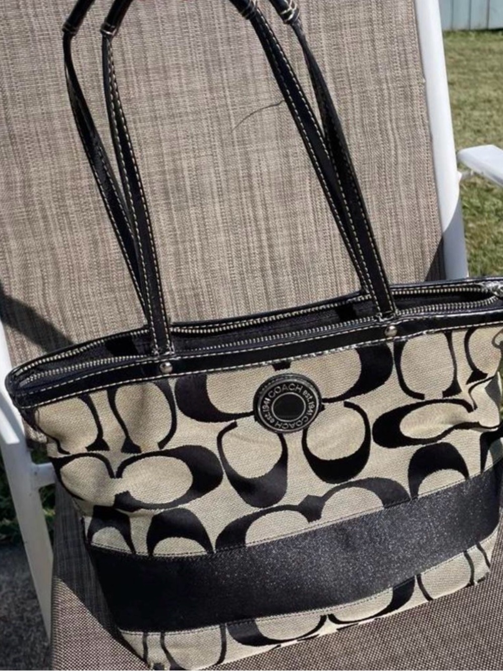 Coach Black and Beige Signature Canvas Tote
